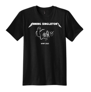 Black tee shirt with Binning Singletons in "Metallica" font, White binning singletons logo featuring 4 microbe cartoons. WMF 2021 underneath