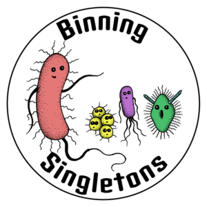the binning singletons logo consisting of 4 anthropomorphized bacteria; a large pink vibrio pointing to the right, a bunch of 4 yellow staphylococci, a purple E. coli, and a green acetinobacter.