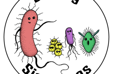 the binning singletons logo consisting of 4 anthropomorphized bacteria; a large pink vibrio pointing to the right, a bunch of 4 yellow staphylococci, a purple E. coli, and a green acetinobacter.
